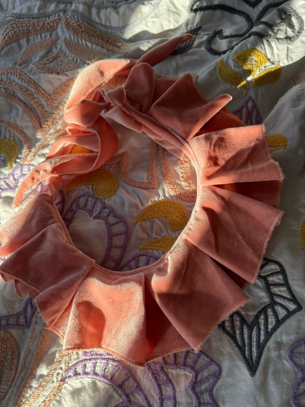 Pink / peach velvet Ruffle Collar neck scarf satin bluetiful Milano
